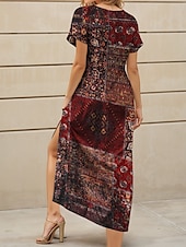 levne Boho šaty-Dámské Midi šaty Letní šaty Áčkové šaty prázdniny Na běžné nošení Volný Květinový Grafika Abstraktní Krátký rukáv Do V Žlutá Rubínově červená Vodní modrá Fialová Léto Jaro Podzim
