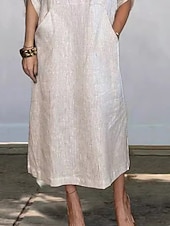 economico Camicie-Maxi abito da donna abito a linea abito estivo in lino casual quotidiano vestibilità regolare grafico semplice maniche 3/4 collo rotondo nero bianco rosso blu estate