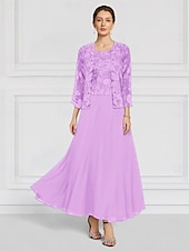 preiswerte Mit Jacke-Zweiteilig Kleid-Sets Brautmutterkleid Hochzeitsgast Kirche Elegant Rundhalsausschnitt Knöchellänge Chiffon Langarm mit Spitze Stickerei 2025