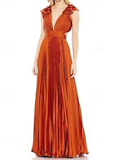 baratos Rosa-Vestido rosa choque, corte A, vestido de noite, vestido plissado, formal, casamento, comprimento até o chão, sem mangas, decote profundo, cetim com babados, 2025