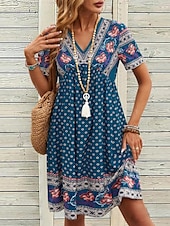 billige Boho-kjoler-Dame Mini kjole Kjole med A-linje Ferie Fritid Bohem utendørs Ut på byen Normal Blomstret Grafisk Kortermet Spagettistropper Navyblå Sommer