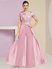 cheap Mom&#039;s Jumpsuits-Beach Wedding Jumpsuit / Pantsuit Mother of the Bride  Wedding Guest Elegant Jewel Neck Ankle Length Stretch Chiffon Short Sleeve with Lace Pleats free custom size