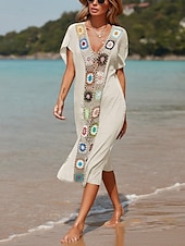 abordables Robes de plage-Maillots de Bain Femme Couverture Robe de Bain Maillot Patchwork Vacances Plage Tenue Couleur Unie Col en V Manches Courtes Maillots de Bain