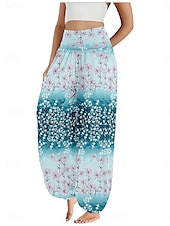 billiga Byxor-Dam Linneinspirerade byxor Brett skaft Byxor Etnisk Stil Ledigt Boho Fullängd Hög midja Blommig Ficka Elastisk midja Tryck Mateial som andas Mjuk Microelastisk Utomhus Yoga Rosa Kungsblå Blå Purpur