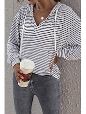 voordelige Dames Strepen &amp; Geometrische Tops-Dames Blouse Gestreept Casual Lange mouw Capuchon Normale tops Dagelijks Uitgaan Zak Wit Bruin Zomer