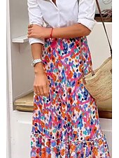 cheap Graphic Skirts-Women&#039;s Skirt Bohemia Fashion Boho Maxi Mid Rise Skirts Floral Print Micro-elastic Vacation Street Fuchsia Summer Polyester