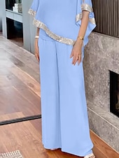 economico Tailleur pantalone della mamma-Tuta Due Pezzi Abito Madre della Sposa Elegante Vintage Semplice Scollatura Rotonda Lunghezza a Terra Chiffon Manica Mezza con Paillettes