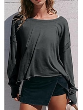 preiswerte Damen Einfache Oberteile-Damen Bluse Oberteil mit Ösen Einfach Modern Lässig Langarm Rundhalsausschnitt Normale Oberteile Täglich Ferien Ausgehen Ausschnitt Weiß Dunkelgray Aprikose Sommer