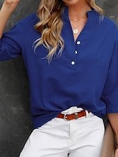 abordables Camisas-Mujer Camisa Color sólido Plano Bohemia Diario Elegante Manga 3/4 Cuello Alto Tops regulares Diario Festivos Noche Botones Negro Rosa Azul Piscina Morado Verde Trébol Verano Primavera