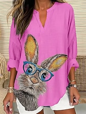 tanie koszula wielkanocna-Bluzka damska z lnu przewiewna lekka tunika dekolt w serek długi rękaw boho casual graficzny zwierzęcy vintage tropikalna codzienne regularne topy codzienne noszenie nadruk czarna biała niebieska
