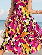 preiswerte Streifen- und geometrische Kleider-Damen Midikleid Freizeitkleid Sommerkleid A Linie Kleid Schulterfreies Kleid Urlaub Lässig Normale Passform Grafik Geometrisch Abstrakt Ärmellos U-Ausschnitt Rundausschnitt Rote Blau Purpur Grün