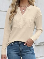 preiswerte Damen Einfache Oberteile-Damen Bluse Einfarbig Stilvoll Lässig Langarm V Ausschnitt Normale Oberteile Täglich Knöpfe Tasche Schwarz Weiß Braun Aprikose Sommer Frühling