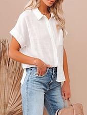economico Camicie-Per donna Camicie di cotone e lino Blusa Semplice Moderno Casual Manica Corta Colletto a Camicia Top Regolari Ferie Uscire Bottoni Tasca Nero Bianco Rosa Estate