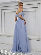 baratos Vestidos para Madrinhas-Linha A Vestido de Madrinha Ombro a Ombro Sem Manga Elegante Longo Tule com Cor Única 2022