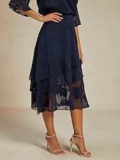 billige Chiffon skjørt-Dame الالتفاف Elegant Midi Medium Midje Skjørt Blomster Multi Layer Uelastisk Fest Avslappet Navyblå Sommer Chiffon