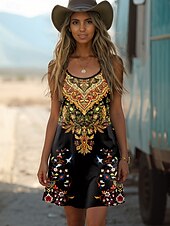 preiswerte Boho Kleider-Damen Boho Kleid Western Kleid Vintage Mini Kleid A-Linien Kleid Sommerkleid Off-Shoulder Kleid Urlaub Lässiges Feiertagskleid Reguläre Passform Ombre Grafik Abstrakt Ärmellos U-Ausschnitt Gelb Sommer