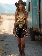 preiswerte Boho Kleider-Damen Boho Kleid Western Kleid Vintage Mini Kleid A-Linien Kleid Sommerkleid Off-Shoulder Kleid Urlaub Lässiges Feiertagskleid Reguläre Passform Ombre Grafik Abstrakt Ärmellos U-Ausschnitt Gelb Sommer