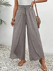 economico gamba larga e vita alta-Pantaloni Baggy in cotone e lino da donna Chinos a gamba larga Vacanza Moda Streetwear Lunghezza intera Vita alta Geometrico Tasca Elastico Comodi Morbidi Confortevoli Micro-elastico Esterno Vacanza