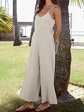 cheap Plain Cotton Linen Pant-Women&#039;s Normal Cotton Linen Dungarees Pants Streetwear Solid Color Sleeveless V Neck Drawstring Street Going out Regular Fit Khaki Summer