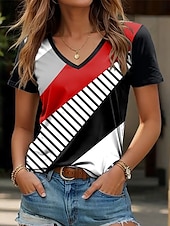 billige Stripe og geometrisk t-skjorte-Dame T skjorte Grafisk Geometrisk Årgang Stilfull Klassisk Kortermet V-hals Vanlige topper Daglig Helg Trykt mønster Svart Sommer Vår