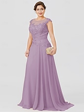preiswerte Bodenlänge-A-Linie Mutter der Braut Kleid Hochzeitsgast Elegant Plus Size Illusionshals Sweep  Brush Zug Chiffon Perlenbesetzte Spitze Kurze Ärmel ohne Schleife(n) Falten 2025 kostenlose Maßanfertigung
