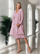 economico Con giacca-Abito da sposa a trapezio, elegante, semplice e minimalista, con scollo a V, lunghezza tè, in chiffon, a maniche lunghe con volant a cascata, 2025