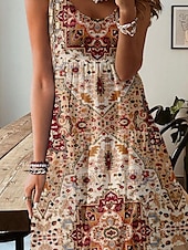 preiswerte Boho Kleider-Damen Minikleid Sommerkleid A Linie Kleid Schulterfreies Kleid Urlaub Lässig Strand Normale Passform Blumen Grafik Paisley-Muster Ärmellos Rundhalsausschnitt Leicht Braun Sommer