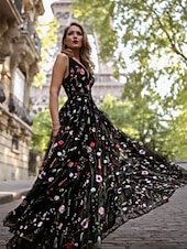 levne Plesové šaty-A-line quinceanera šaty elegantní šaty svatební šaty pro svatební hosty dlouhé šaty bez rukávů výstřih do V polyester bez zad s květinovým potiskem kde jsou sklady