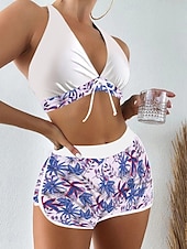 preiswerte Bikini-Sets-Womens Badeanzüge Bikini 2 Teile Shorts Badeanzug Rückenfrei Schlank Urlaub Strandmode Floral Halterhals Ärmellos Badeanzüge
