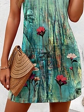 preiswerte Blumenkleider-Damen Minikleid Freizeitkleid Sommerkleid A Linie Kleid Schulterfreies Kleid Urlaub Lässig Boho Party Ferien Normale Passform Ombre Blumen Grafik Ärmellos U-Ausschnitt Salbeigrün Sommer