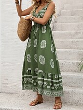 billige Boho-kjoler-Dame Maxikjole Solkjole Kjole med A-linje Fit And Flare Dress Ferie Fritid Bohem utendørs Fest Ut på byen Normal Blomstret Grafisk Ermeløs V-hals Grønn Sommer
