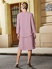 economico Con giacca-Abito da sposa a trapezio, elegante, semplice e minimalista, con scollo a V, lunghezza tè, in chiffon, a maniche lunghe con volant a cascata, 2025