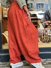 baratos Calça de linho de algodão simples-Calças Baggy Femininas de Pernas Largas de Cor Sólida Moda Bloomers Básico Comprimento Total Cintura Média Lisa com Bolso Cintura Elástica Conforto ao Ar Livre Microelástico Férias Rua Diário Dourado
