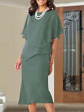 economico Lunghezza del tè-Abito A-Line per la madre della sposa Ospite di nozze Elegante Taglie forti Collo a gioiello Lunghezza tè Chiffon Maniche corte con rouches 2025 taglia personalizzata gratuita