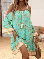 economico Abiti Boho-Per donna Mini Abito Abito a trapezio Abito Sottoveste Abito a spalle scoperte Casual All&#039;aperto Uscire Spiaggia Vestibilità comoda Floreale Grafico Manica Lunga Spalline sottili Blu marino Verde