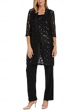 baratos Terninhos de calça da mamãe-Macacão Vestido Para Mãe dos Noivos Convidado do casamento Igreja Elegante Vintage Gola Redonda Longo Chiffon Renda Manga Longa com Lantejoulas Bordado 2025