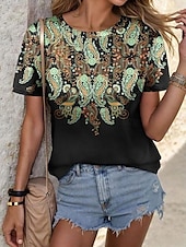 billige Boho t-skjorte-Dame T skjorte Blomstret Grafisk Planter Bohem Årgang Stilfull Kortermet Crew-hals Vanlige topper Daglig Ut på byen Helg Trykt mønster Svart Sommer Vår