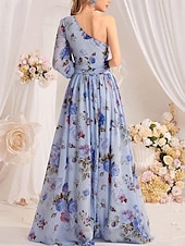 preiswerte Brautjungfernkleider-Brautjungfernkleider A-Linie Ein-Schulter Langarm Bodenlang Chiffon Brautkleider Mit Falten Floralprint