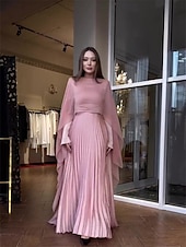 billiga Rosa-A-Linjig Quinceanera Klänningar Elegant Klänning Bröllop Bröllopsgäst Golvlängd Långa Ärmar Hög Nacke Chiffong med Fållning