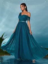 economico BLU-Abiti da festa A-Line Quinceañera Abito da festa Matrimonio Ospite di matrimonio Lunghezza del pavimento Senza maniche Scollo a V Tulle Senza schienale con Faldini