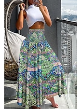 baratos Saias gráficas-Mulheres Saia Bohemia Casual Boho Longo Cintura Média Saias Floral Imprimir Micro-Elástica Férias Rua Azul marinho Amêndoa Vermelho Azul Verão Poliéster