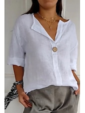 cheap Shirts-Women&#039;s Shirt Cotton Linen Shirt Blouse Plain Modern Casual 3/4 Length Sleeve V Neck Regular Tops Daily Going out Buttons Black White Red Navy Blue Green Summer
