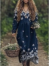 voordelige Bloemenjurken-Dames Maxi-jurk Zonnejurk Geplooide jurk Vakantie Casual Boho Uitgaan Strand Ruim Passend Bloemig Grafisch Lange mouw V-hals blauw Licht Blauw-Wit Amethist Zomer Lente
