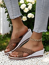 billige Uformelle sandaler-kvinners vevde sandaler med kile – uformelle sandaler med kryssreim med åpen tå for sommer og ferie