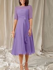 abordables Longueur du thé-Robe Mère de la Mariée A-Line Invité de Mariage Élégante Col Ras du Cou Longueur Thé Chiffon Manches Mi-longues avec Sash  Ruban Robe Midi Froncée