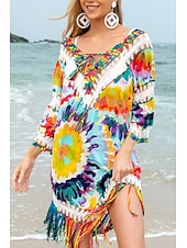 cheap Beach Dresses-Women&#039;s Swimwear Cover Up Swimsuit Fringe Hem Tropical Beach Wear Flower V Wire Long Sleeve Bathing Suits