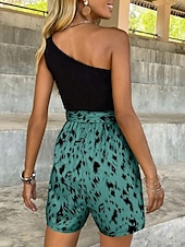 abordables combinaisons formelles-Femmes Normal Combishort Streetwear Imprimé Sans manches Une Épaule Patchwork Cordon de serrage Rue Quotidien Coupe régulière Bleu Vert Abricot Été