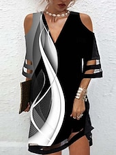 preiswerte Blumenkleider-Damen Minikleid A Linie Kleid Schulterfreies Kleid Lässig Outdoor Strand Normale Passform Ombre Blumen Grafik Halbarm V Ausschnitt Schwarz Weiß Blau Purpur Sommer Frühling