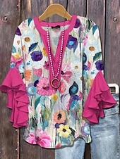halpa Naisten Boho Topit-Naisten bluusit kerrokselliset röyhelöhihaiset yläosat kukkagrafiikka paisley päivittäinen tyylikäs rento 3/4 pituinen hiha V-kaula-aukko säännölliset yläosat päivittäinen loma loma vaatteet printti
