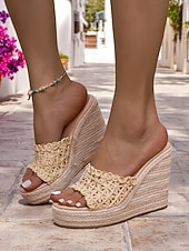 olcso Nyári szandálok-női bézs szőtt ékszandál – kézműves raffia felsőrész, espadrille platform kialakítás nyári tengerparti nyaraláshoz és üdülőhelyi viselethez